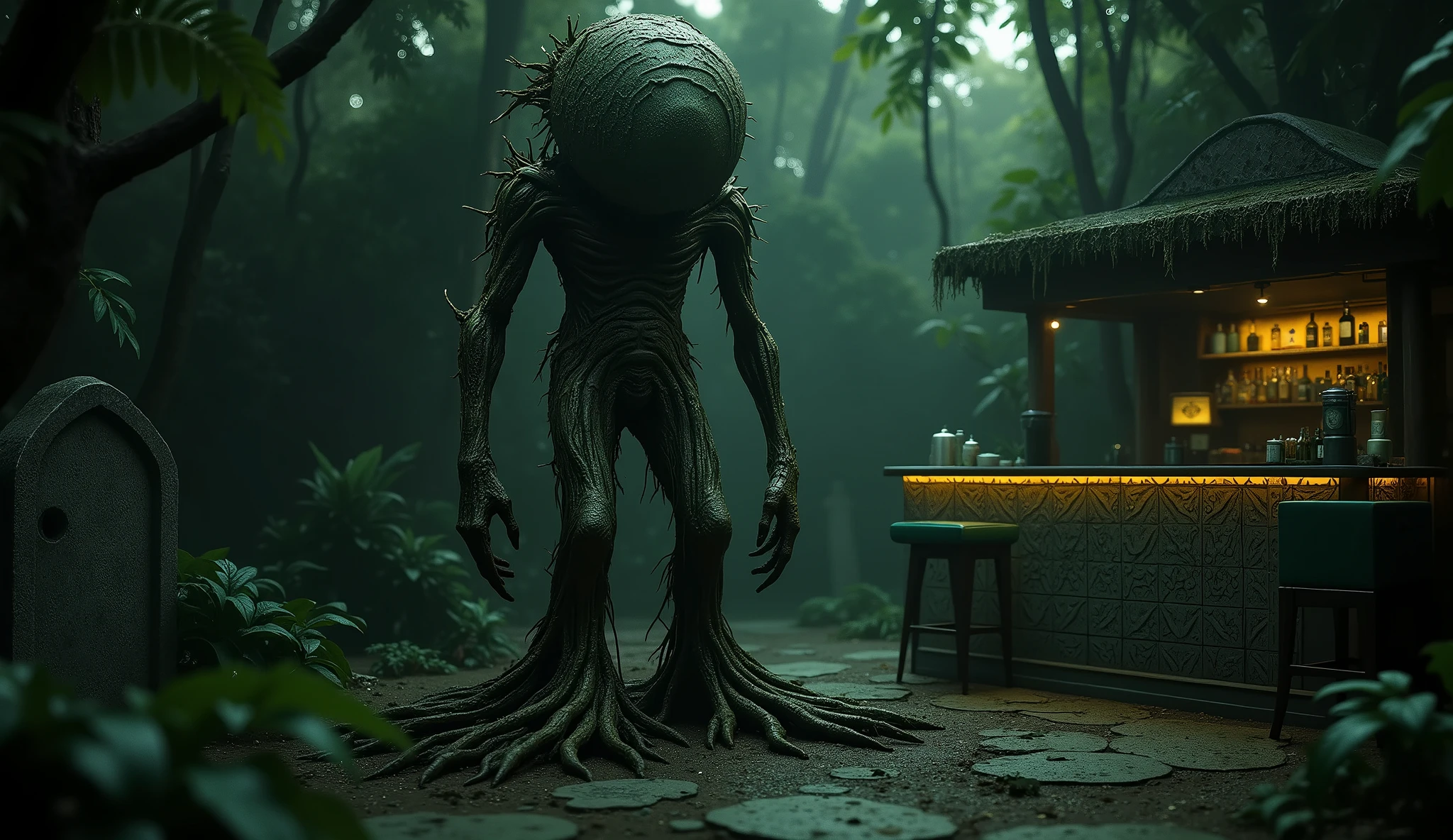 In a dimly lit, tropical graveyard near San Antonio, Brazil, a tree-like humanoid entity, SCP-7464, stands immobile with a rounded, cylindrical body mimicking a tree trunk, covered in hardened human calluses. Its elongated legs dig deep into the soil like roots. The scene is captured in a close-up, front view shot, with intricate, hyperdetailed textures and a neutral color palette. The lighting is soft, with a single warm, yellow light source placed to the left, casting gentle shadows and creating a noir-like atmosphere. The background features a bar counter with patterned tiles, a green cushioned chair, and a beverage visible, adding a surreal contrast to the forest setting. The image is shot on a Leica CL with a Leica Summilux-TL 35mm f-1.4 ASPH, with a faded color grading and subtle film grain, capturing the eerie, intricate details of the entity. unreal engine, masterpiece