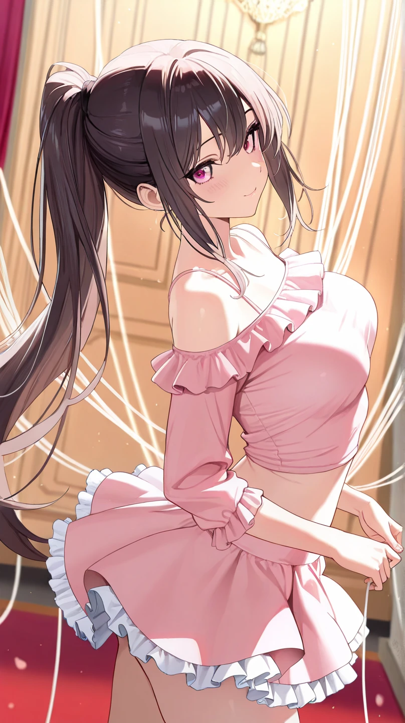 masterpiece,best quality,very delicate and beautiful,delicate touch at the royal court,  A woman's playful doll connected to a string on stage and countless white strings dancing in the air, a very beautiful anime face,  (1 girl, solo,  long hair, ponytail), ( pink off shoulder shirt,Frilled Miniskirt,absolute region with to),