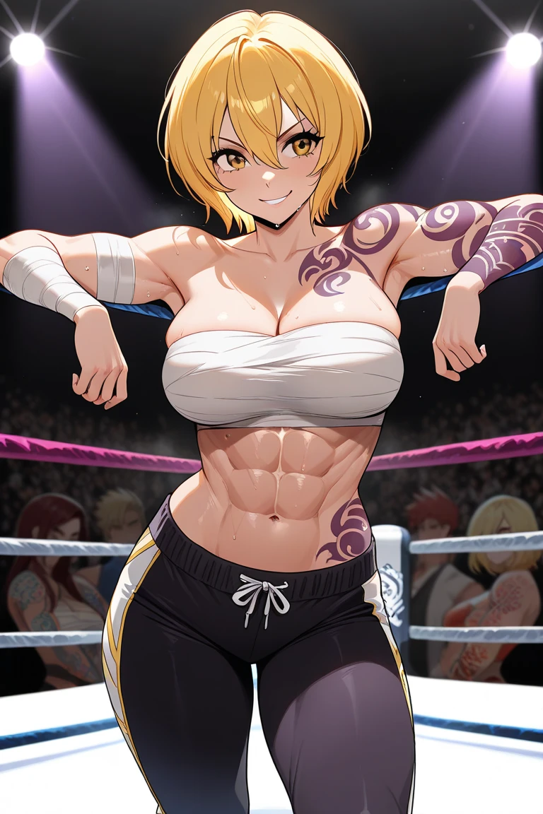 Prompt
detailed illustration, (front view), (side view),dynamic angle, ultra-detailed, illustration, clean line art, shading, anime, detailed eyes, detailed face, beautiful face, dramatic lighting, detailed illustration, dynamic angle, ultra-detailed, illustration, single woman
Fit, toned abs, ((volleyball shorts)), ((fundoshi breast wrap)), volleyball player, big round ass, big tits, caramel tan skin, dark skin tone, wide hips, narrow waist, thunder thighs, (blazing blonde hair), (glowing eyes), glowing sclera, muay thai wraps, small strong biceps, sweat, ((bandaged breasts)), flaming hair, hair is fire, flames rolling down skin, clothes catching on fire, embers, sweats fire, sweat is fire, tan lines, Hispanic, Latina, tight pants, bandage wrapped around chest, brown skin