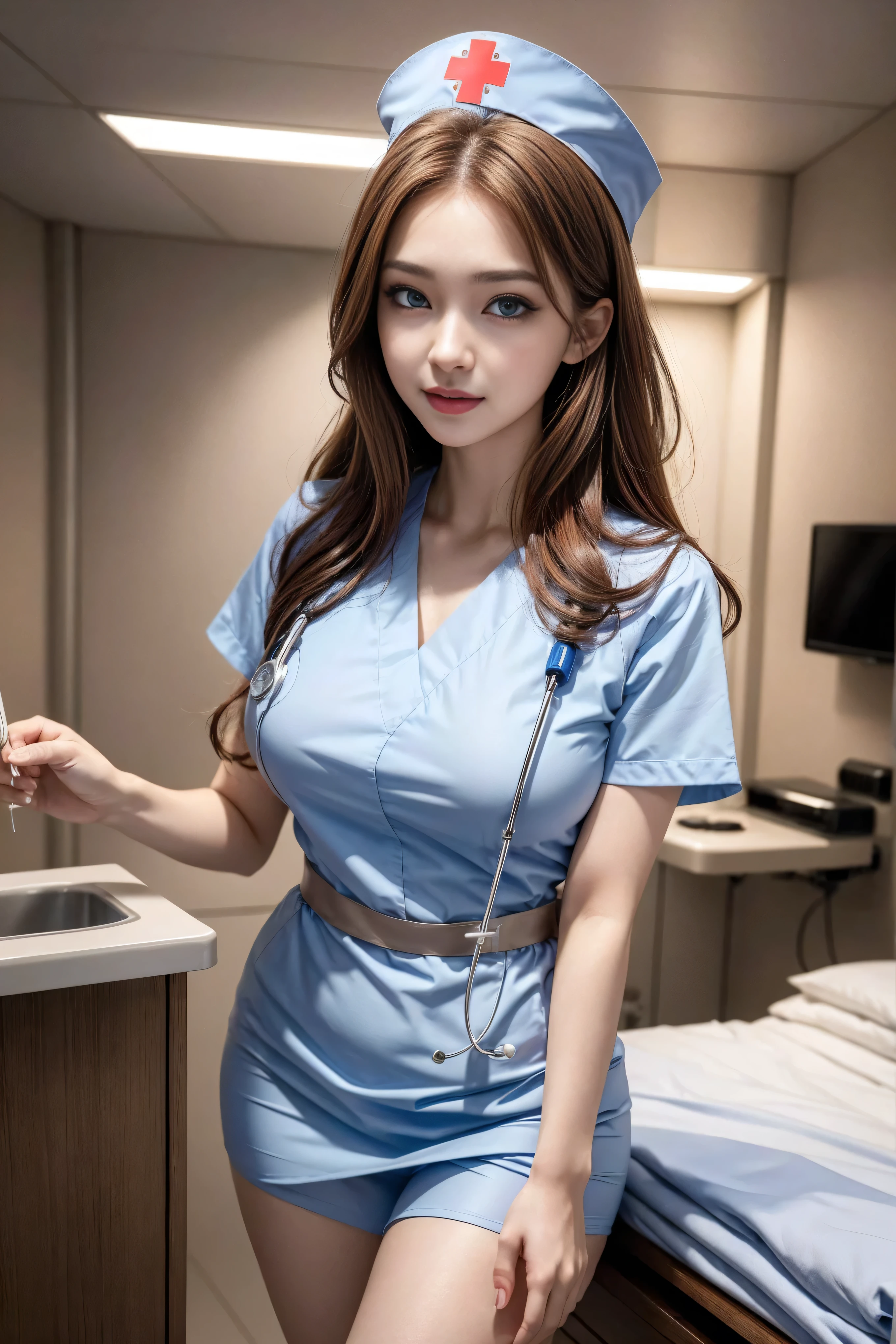 とてもbright lighting、(cute nurse at the hospital)、(17 years old)(look at the camera)、(alone)、(surreal), (figure), (High resolution), (8K), (very detailed), (best figure), (beautiful and fine eyes), (highest quality), (Super detailed), (masterpiece), (wallpaper), (detailed face),(((one girl)))、(((looking at the viewer:1.2)))、innocent smile、cute smile、a little chubby face、(gentle smile:1.3)、surrealな、(Big eyes)、(double eyelid)、(((A thin pink nurse uniform that shows your body line))),((highest quality、8K、masterpiece:1.3))、Panty shot、(ultra High resolution:1.2)、big breasts、(white skin:1.2),(bright lighting)、(stockings and garter belt)、(Korean、Japanese、Chinese:0.3)、Mr.々pose、wearing light blue gloves