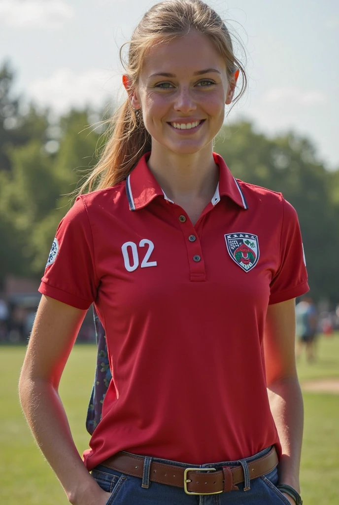 18 year old beautiful athlete girl, super detailed beautiful eyes, toned and slender body, 8K, Highest quality, (Highly detailed head: 1.0), (Highly detailed face: 1.0), (Very fine hair: 1.0), Track and Field Uniform, Highly detailed official artwork, smile, Blonde, sleek short hair, muscular, moist skin