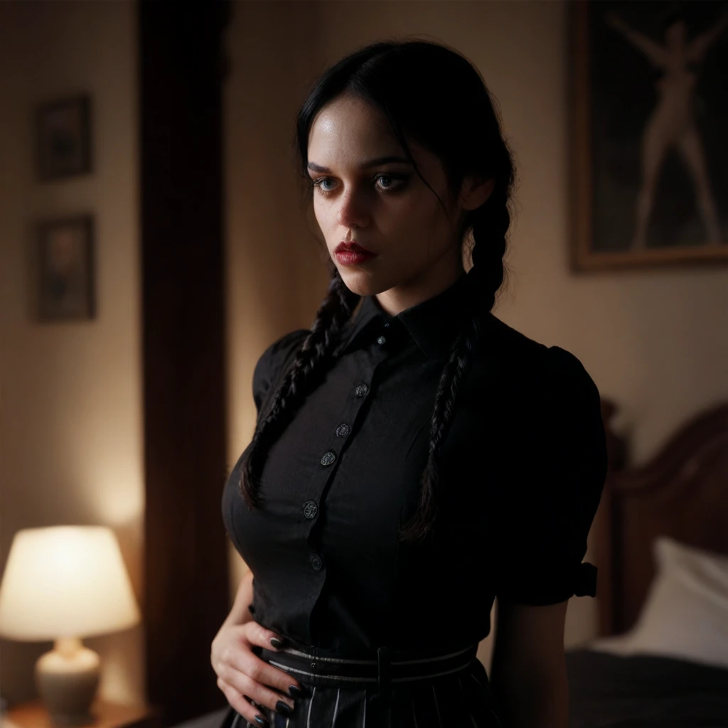 Chloe Grace Moretz with black hair, wearing 18th century clothes, a somber look.