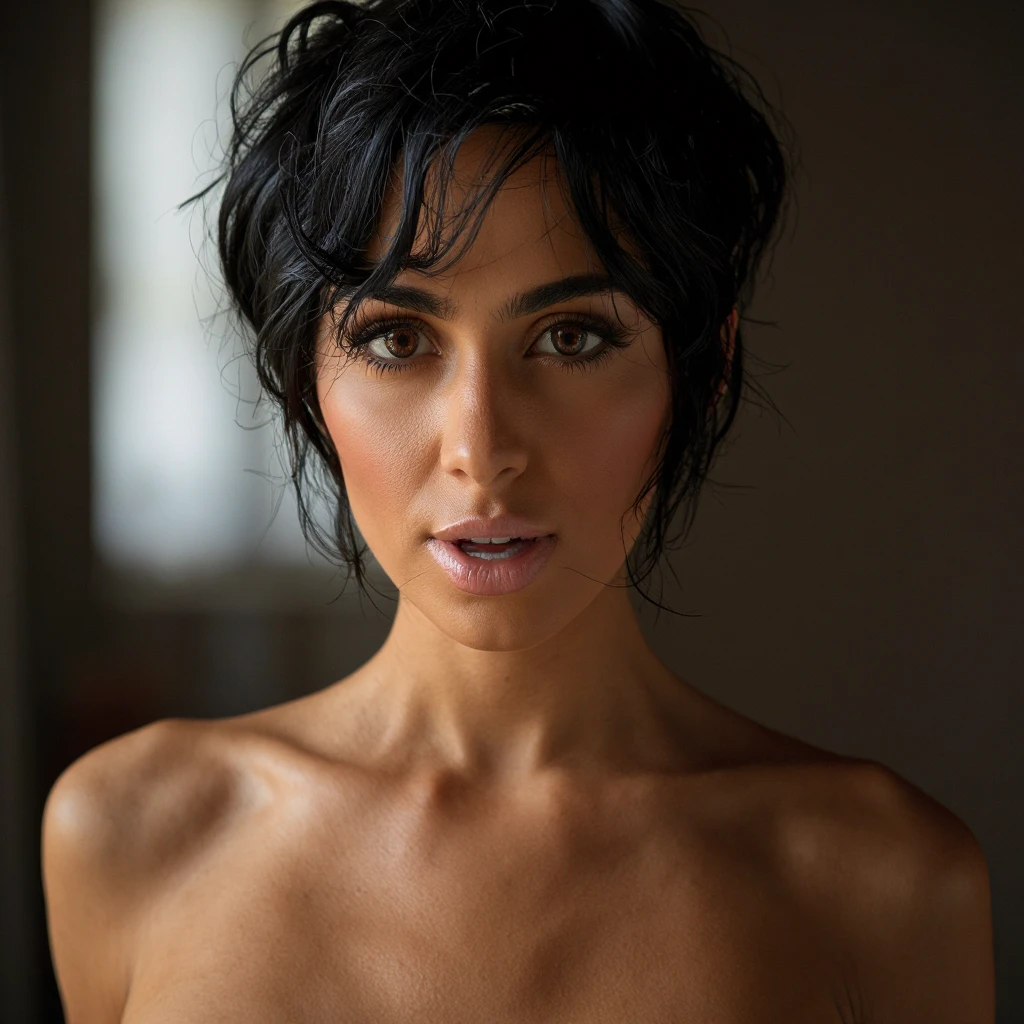 photorealistic micro-woman,Indian model, , nakeen legs, navel, masterpiece, best quality, solo, long brown hair, detailed face, collared shirt, medium breasts,  pose, looking at viewer, from below, detailed background, fine detailed, depth of field, Strikingly beautiful 24-year-old girl with stunning features, captured in exquisite detail with an 8k resolution. short hair frames her delicate face, revealing her highly detailed glossy eyes with double eyelids. Her skin is pale, smooth, and clean. The ornate embroidery patterns on the vest add a touch of elegance to her slender figure, emphasized by nicely shaped hands. allowing every intricate detail of the girl's features and attire to stand out. She is laying on a bed with pillows, her head propped up on one as she gazes directly at the camera with a seductive smile, glossy lips parted slightly, expressive eyes shining bright. focus is sharp, enhancing the realism of the image, gorgeous figure and enchanting presence to its fullest extent, perfect detailed face, full glossy lips, detailed eyes, detailed nose, detailed teeth. [The character is surrounded by mist, evoking a mysterious and eerie atmosphere. The lighting is dark and atmospheric, with smoke adding a touch of sinister ambiance. Best quality image, HDR enhancement, showcasing the utmost level of detail and realism, full body shot:1.5]. [8K, Best Quality, Ultra High Resolution, (highly detailed CG unity 8k wallpaper), (best photo), (best shadows), isometric 3D, octane rendering, ray tracing, highly detailed, (Best quality, 4K, 8k:1.2), absurdity, ultra detailed, (realistic, photorealistic, photorealistic:1.37), complex parts, HDR, (complex parts:1.12), (hyper detailed, hyper realistic, Soft lighting, spicy:1.2), (com parts, Hyper detailed:1.15). Blurred foreground. (backlit), masterpiece, high quality, brightness, chromatic aberration, foggy smoke, shadows, contrast (warm hue, warm tone), high details, natural reflections], nude, naked