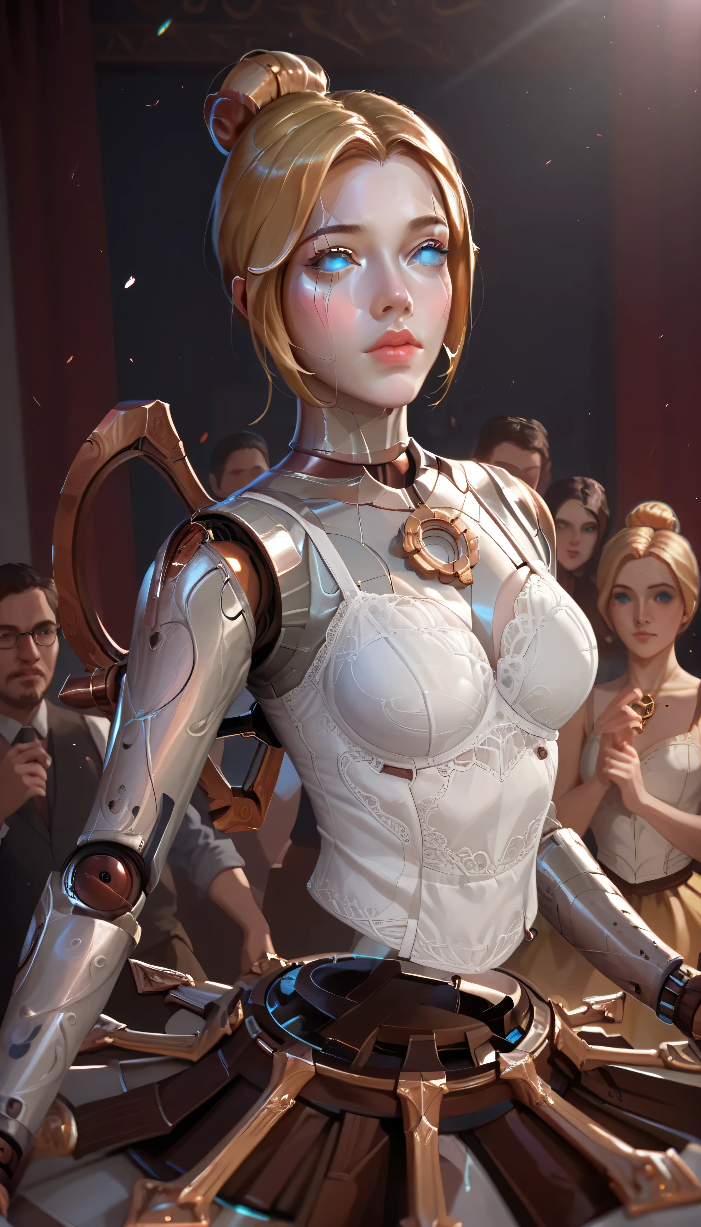 Orianna from League of Legends with medium breasts, tied up blonde hair, full robotic body, cybernetic eye, sexy body, slim waist, half body portrait, realistic, theatre background, dancing ballet