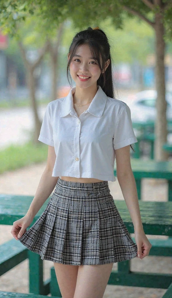 masterpiece, highest quality, 8K, , RAW photo, disorganized, award-winning portraits, alone, noon, idol face, delicate face, Digital single-lens reflex camera, looking at the viewer, shy smile、shame、flushed cheeks、thin arms, small breasts, nipples, small ass、thin waist、Frank, Sophisticated, like々New, thin arms, professional lighting, film grain, black eyes, chromatic aberration, (detailed eyes and face:1.0), (Bokeh:1.1),(hyper pretty face:1.3),(medium black hair:1.4), japan school student sailor uniform, (pleated mini skirt:1.3), white blouse and school ribbon, (cute panties, high detailed, pale color:1.4), above the knee, (angle from side:1.3), hair blowing in the wind, looking at the viewer
