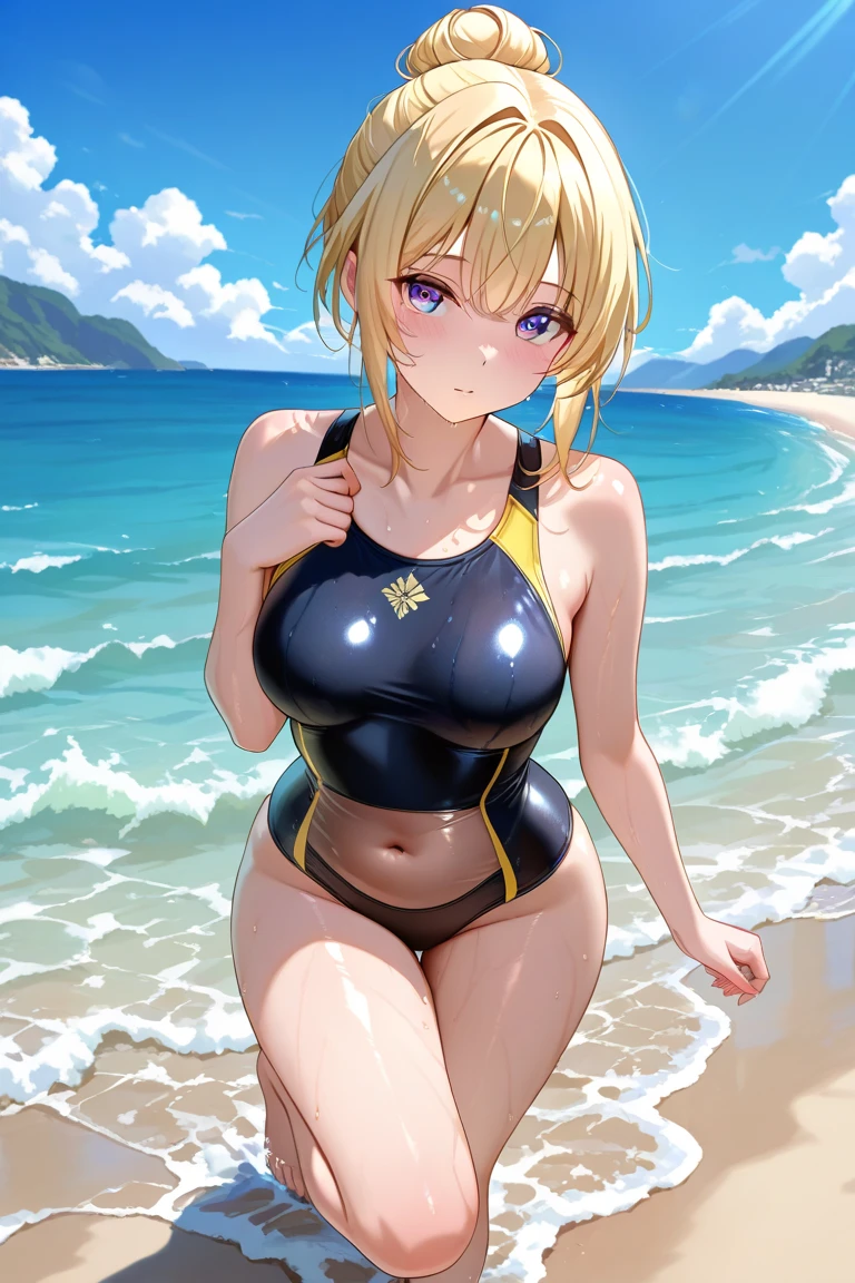1girl,masterpiece, best quality, high resolution, green eyes, blue school swimsuit, school swimsuit, big breasts, nice breasts, pretty, blonde hair, blonde, ahoge hair swimming pool, pool :o