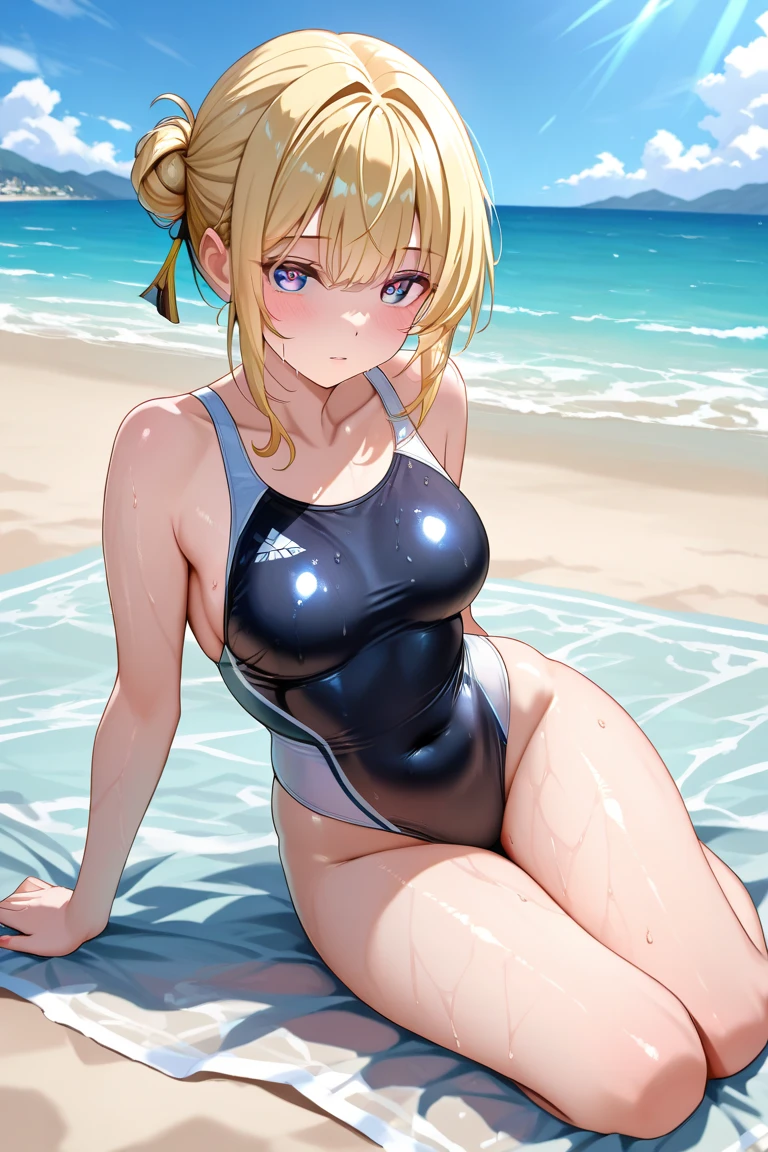 1girl, samus, blue eyes, long ponytail, blonde hair, blue swimsuit, beach, standing, looking at viewer