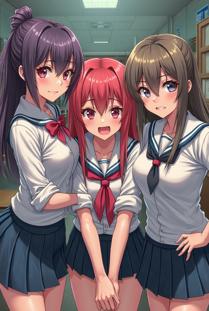 (masterpiece, best quality, ultra-detailed, high resolution, detailed eyes), takeda hiromitsu style, {{{3 mature females}}}, group of females, school girl uniform, big eyes, curvy body, looking at viewer, pov, breath, blushing, open mouth, tongue out, drool, in heat