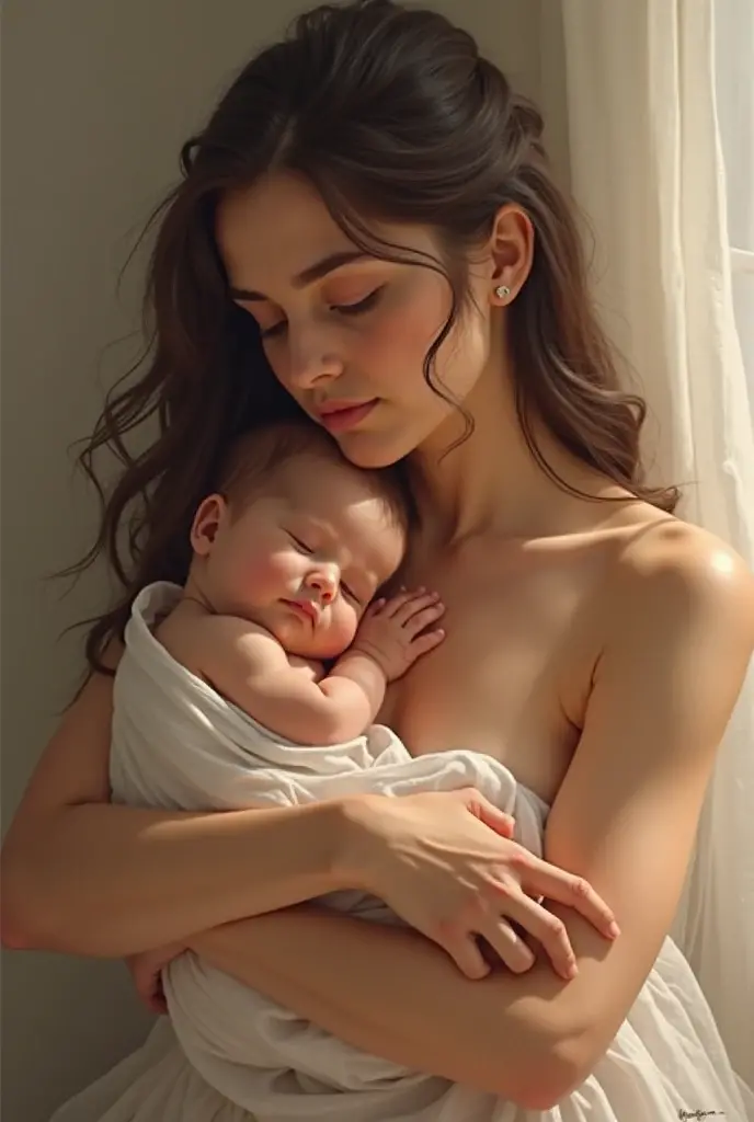 A naked girl with brown hair, thin and small hips, huge ginormous and butt having a baby sucking her breasts