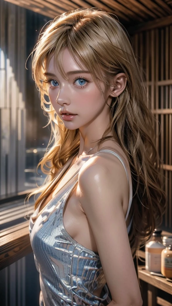NSFW, 8k, High-level, absurd, masterpiece, best quality, primitive, very detailed CG, very detailed wallpaper, perfect lighting, Extremely detailed ((( personifying " Farrah Fawcett Majors " as a Little Girl))), MysticSight, Tyndall effect, Tyndall scattering, (Studio gray background with (Overflowing oodles Dazzling RainbowColorParticles (BokeH))), (RoundlyButts, ThighGap), (Exposed:0.4), (Assfocus with looking ahead) BREAK (Acutance:0.88), (NOGIZAKA face variations) Extremely Detailed very KAWAII face variations, perfect anatomy, Childish, CaptivatingGaze ElaboratePupils detailed Eyes with (sparkling highlights:1.28), (Voluminous LongEyelashes、GlossyRED Lips with beautiful details, RosyCheeks, Radiant PearlSkin with Transparency . { (Dynamic LifeLike expressions:1.4) | :d) }, (large eyes:-1) .