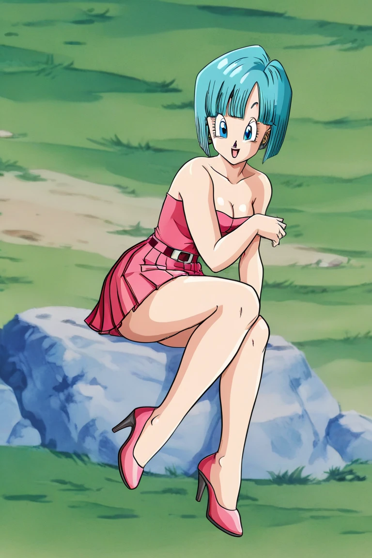 Bulma bending over with her dress lifted revealing her panties and ass