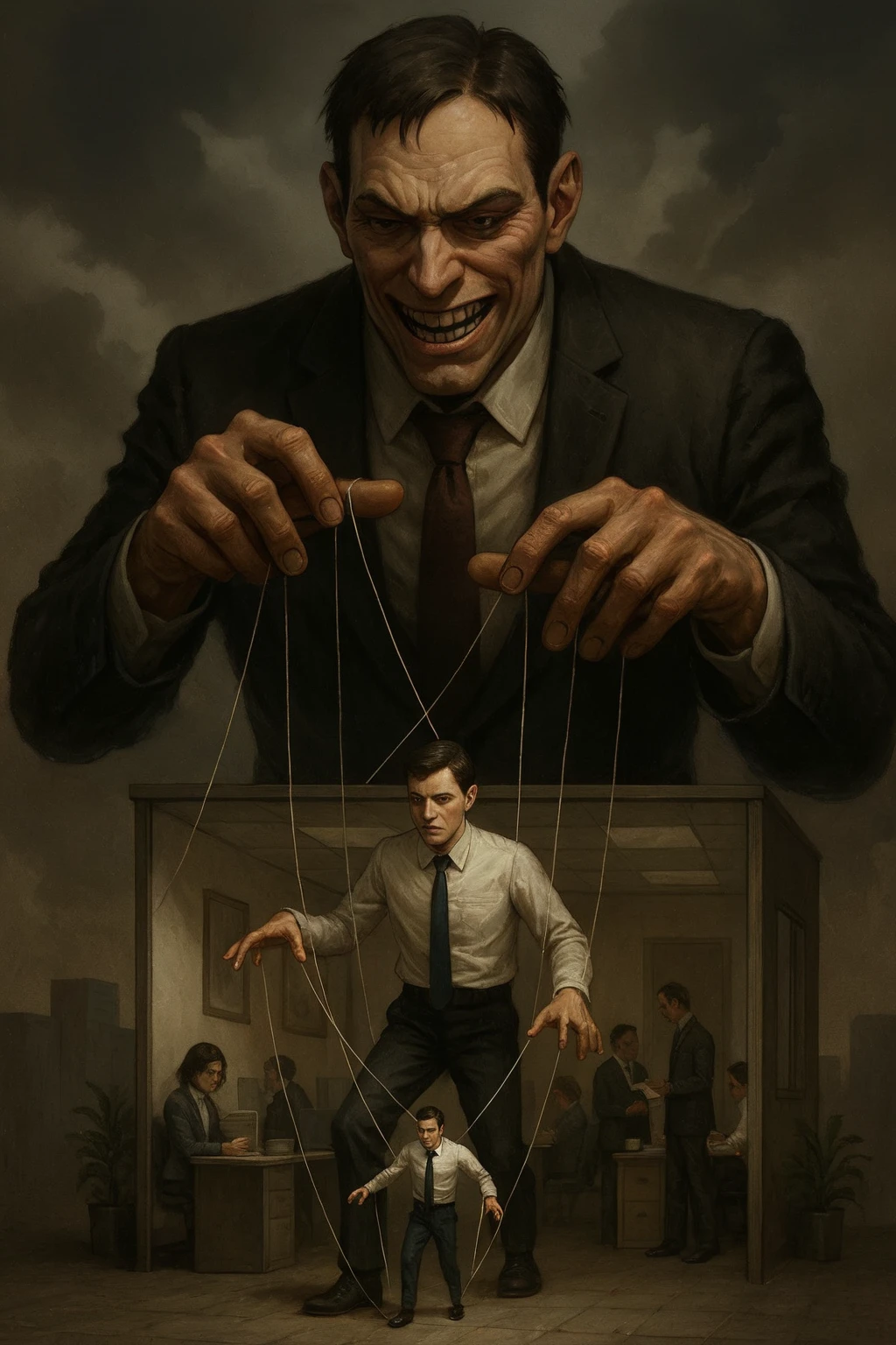 There's a man in a suit and tie holding strings on a puppet, Anton Semyonov ,  art depicting the control maniac , by Sam Spratt , E Mumford Tom Bagshaw, dark surreal art, rob rey, by Pablo Muñoz Gomez, surreal horror art , adrian borda, tom bagshaw weta studio, surreal dark art,  creepy surrealism , Adi Granov,Refined joints