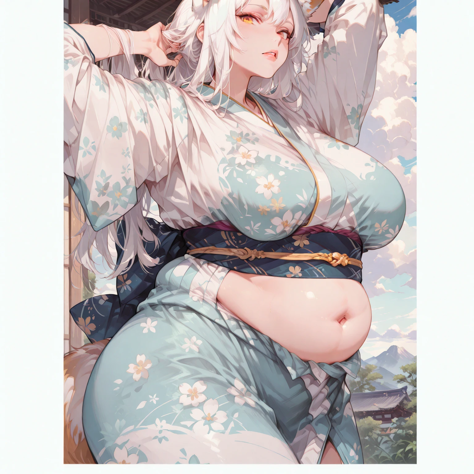 One girl, long hair, slightly large breasts, (slightly large breasts: 1.4), thick thighs, (thick thighs: 1.2), silver hair, golden eyes, frilly hairband, white background, cleavage, exposed shoulders, brown eyes, standing, collarbone, full body, ponytail, thighs, open lips, kimono, shiny, arms up, shiny hair, shiny skin, open bangs, obi, high ponytail, revealing clothing, rope, pelvic curtain, ninja, back view