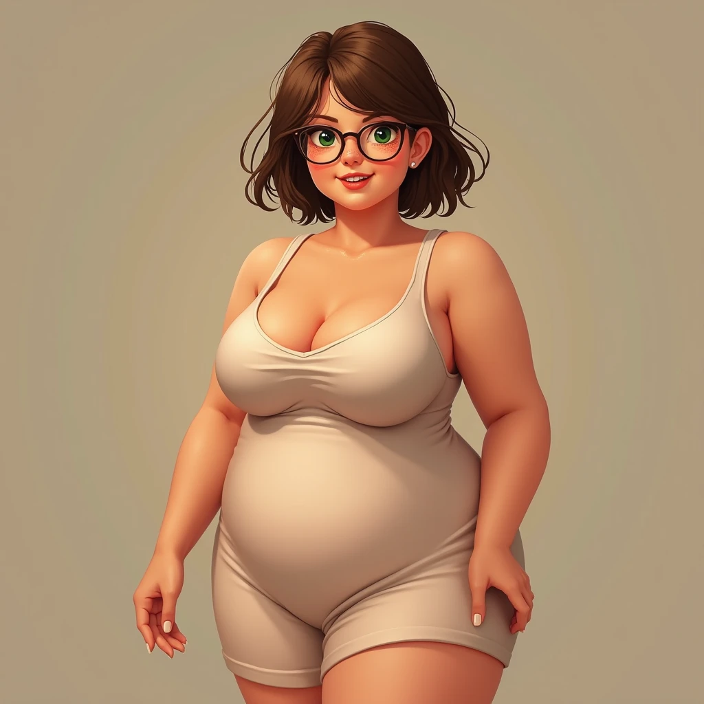 A hyper realistic carricature ,photorealism,of a fat woman 25 yo.with random black hair style,standing.wearing sexy brown pijama ,light smile, high detail,3d render,high definition