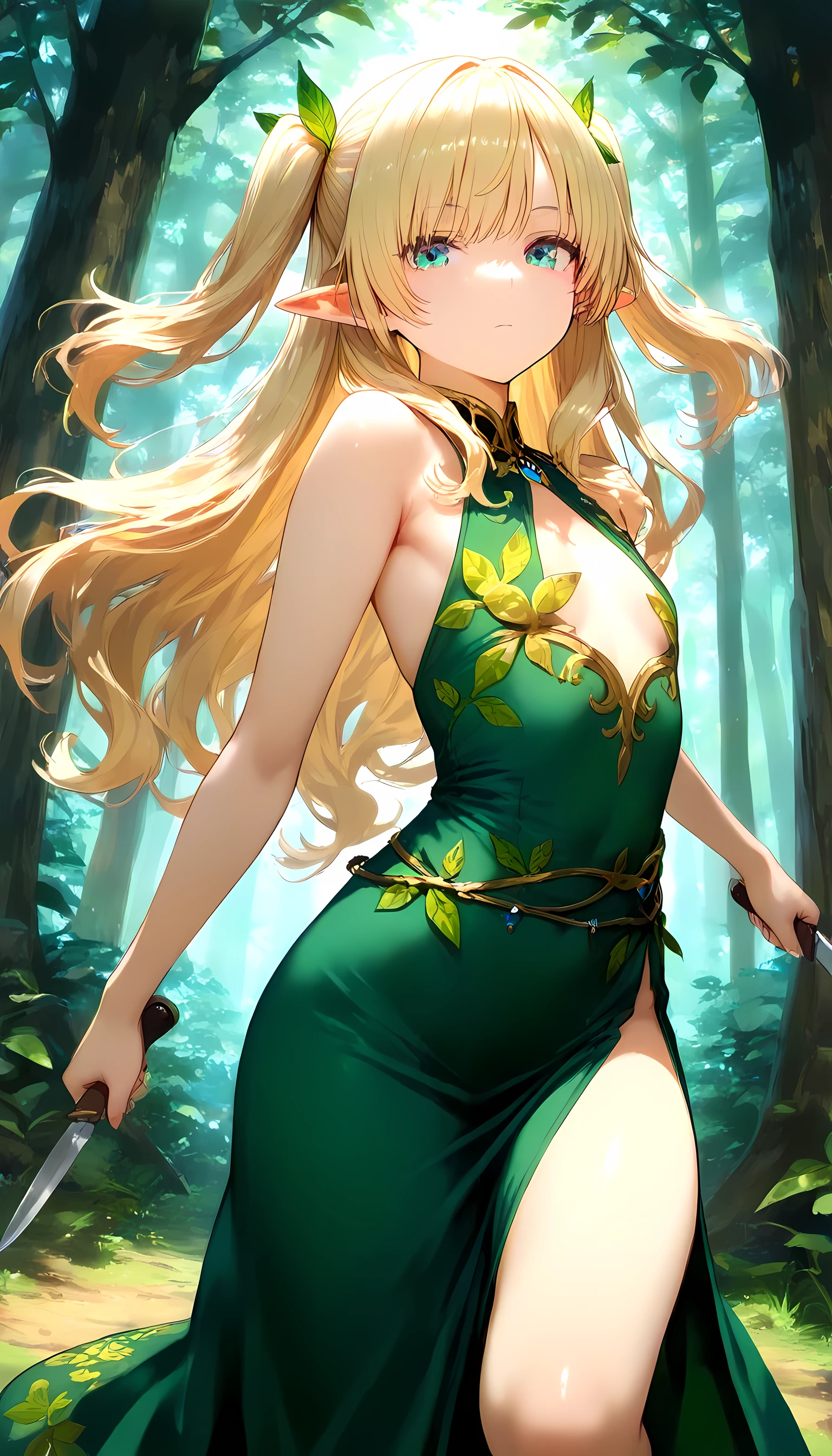 ((masterpiece)), ((best quality)), ((high resolution)), ((Extremely detailed CG unified 8k wallpaper)), ((on a tree branch in the deep forest:1.3)), ((Mushroom woman cartoon character, Pointed elf ears, wavy blonde hair, green eyes, Bare Skin:1.2)), cowboy shot, skin is wet and shiny, Wearing a flowing minidress and golden armor with silver decorations, Long leather boots, ((tilts head, View from the front:1.2)), ((squat with legs apart)),