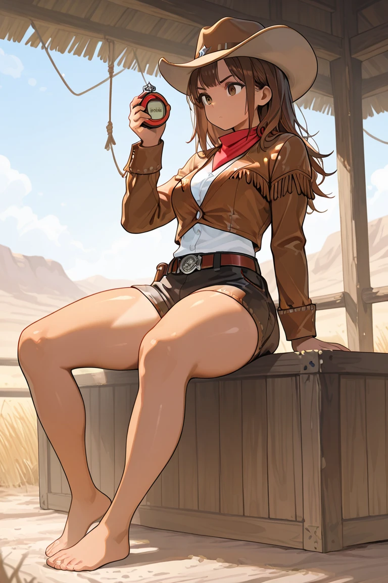 Treasure Hunt，in the forest，Cowgirl，Redhead，braid，(Brown Hot Pants:1.6)，Gunman，Skin Belt，High Boots，have，Grim expression，Tough position，Stars and Stripes Bikini，Cowboy hat，Attractive thighs，Brown Skin，Brown Hot Pants，floor、Butt sticking out pose，