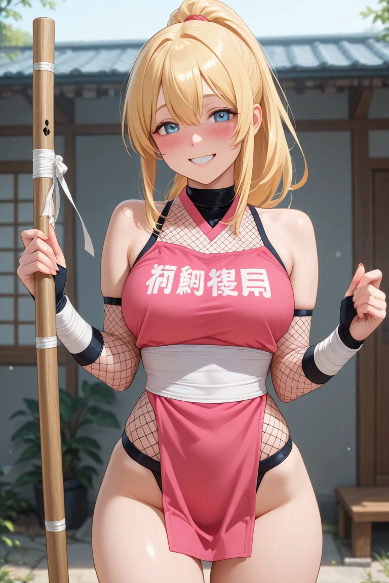 masterpiece, high resolution, best quality, rendered art, beautiful art, well formed fingers and hands, 1 woman, solo, Lumine, blonde, adult, grown up, 31 years old, large and round breasted, cleavage, full body, wearing a Iroha Samurai Spirits cosplay, Iroha_Samurai_Spirits_cosplay, maid hat, choker, fingerless gloves, black tights, sexy and skimpy kimono, pelvic curtain, white maid uniform,doing exercise, warming up, working out, sexy and captivating training, smiling joyfully and happily , looking at the viewer, panties peek, sweating , bouncing breasts, t back thong, training montage session, beach environment