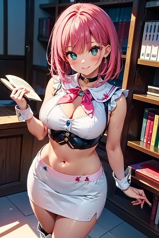 [NSFW], ((masterpiece:1.2)), ((best quality:1.2)), 4k, HDR, (realistic), (hyperdetailed), photorealism, (magical fantasy isekai), (cheerful guild master), bright iridescent pink hair, ((inside fantasy adventurer's guild)), behind guild counter, luminescent magical runes, cinematic, (cleavage), caring, sweet, (rustic)