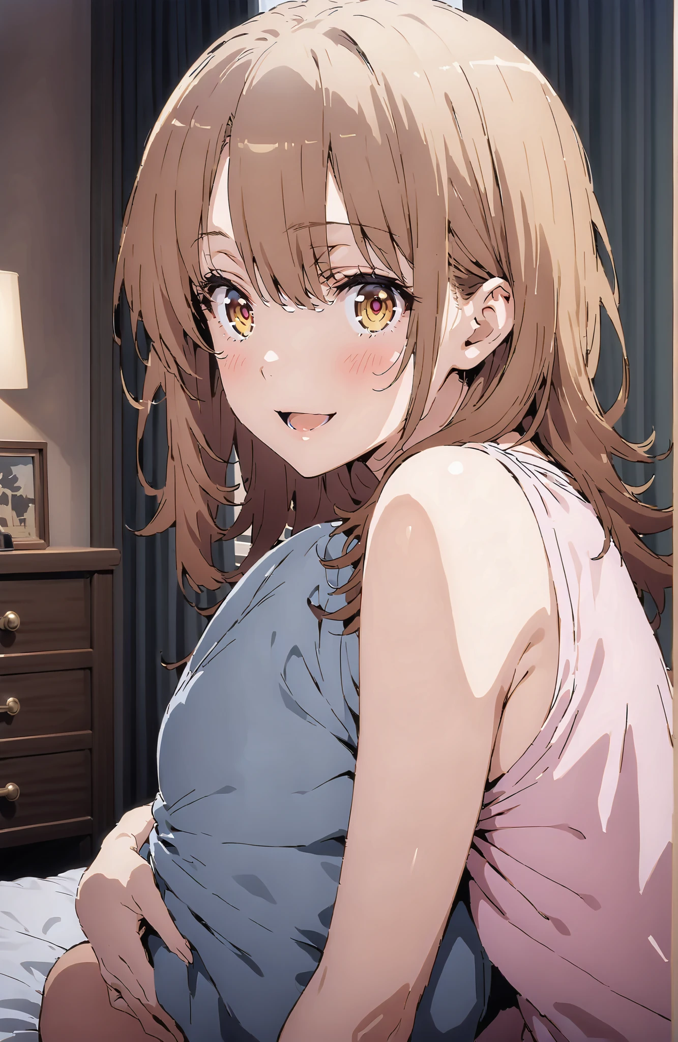 score_9, score_8_up, score_7_up, source_anime,Iroha Isshiki, long hair, brown hair, brown eyes,smile,blush,opens his mouth,oversized t-shirt, one shoulder,Medium breast,Bare legs,bare feet,morning,morning日,interior,curtains,window, bet, betの上に座っている,Waking up,hugging a pillow, Beautiful Streetscapes,full bodyがイラストに入るように,in their 40s looking at viewer,full body,
in their 40s indoors,bedroom,
in their 40s (masterpiece:1.2), best quality, high resolution, Unity 8Kの壁紙, ( illustration :0.8), (beautiful detailed eyes:1.6), very detailed face, perfect lighting, very detailed CG, (perfect hand in h, perfect anatomy),