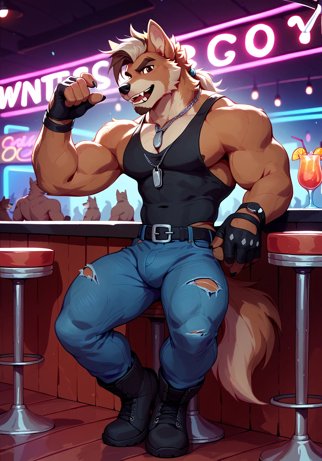 (german shepherd), (solo), male, anthro, (by paintfox, by paintfox34), (tail:1.3), (perfect hands), (((pleasured expression))), teeth, open mouth, feeling good, closed eyes, , drooling, ((bar background), inside, powerful silhouette, mysterious shadows), ((thick fur, large build)), correct anatomy:1.2, ((mature male)), manly, masculine, (hairy chest), sexy, (brown fur), arms raised up, hairy armpits, (back view), facing away, at bar, hairy ass, ((tank top)), ((snapback)), ((wearing cap backwards)), ((cum leaking from ass)), cum on ass cheeks,