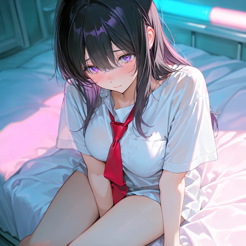 wavy black hair, piercing look with deep red eyes, average stature, Silky hair with a ponytail hairstyle collected with a red bow with two white lines., lying in her bed ,unclothed , has a vagina, has breasts,NSFW, poses perverteds, lustful look, perverted, wearing a top, wearing a mini skirt, you can see her underwear under her skirt, showing my ass to the camera, pink lingerie panties