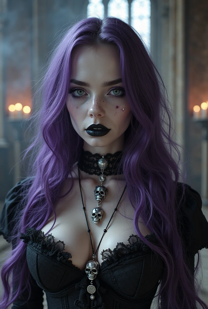 Jeune femme de 25 ans, visage fin, cheveux long, yeux marrons, HD, 8K, masterpiece, sourire romantique, sexy, mascara noir, maquillage noir, black lips, tenue gothique, vêtements noirs et violets, toile d'araignée en dentelle, cheveux noirs et violets, in a cemetery, bodypainting, purple paint, dracula, moon light