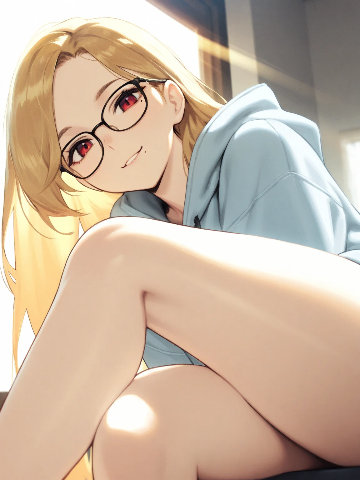(masterpiece, best quality:1.2), solo, Android 18 from Dragon Ball, ((light gray baggy crop T-shirt, short sleeve, black thin thigh highs, knees up, beautiful butt, gray panties)), small breasts, short blonde hair loose, ((close eyes)), (wearing glasses), earrings on earlobes, slender feminine figure, skinny body, cleavage, light blush, chill, organized, simple, white-based interior, a few plants, cloudy sky, terrace, magnificent view, blur background, 4K, on the cute chair, (pale blue chair), midriff-baring, armpit, pantyshot, arms up behind,