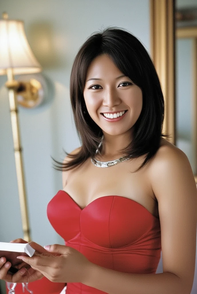 Kelly Hu dressed in sexy second-hand clothes with painted lips and smiling