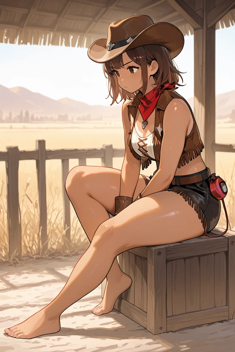 Treasure Hunt,in the forest,Cowgirl,Redhead,braid,(Brown Hot Pants:1.6),Gunman,Skin Belt,High Boots,have,Grim expression,Tough position,Stars and Stripes Bikini,Cowboy hat,Attractive thighs,Brown Skin,Brown Hot Pants,floor、Butt sticking out pose,