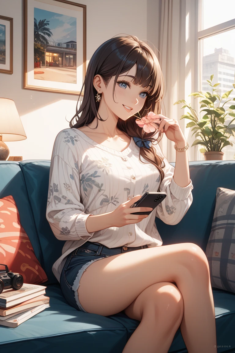 a 1girl, 8K quality, Best Quality, Long brown hair, casual wear, Girl texting on the phone at home,