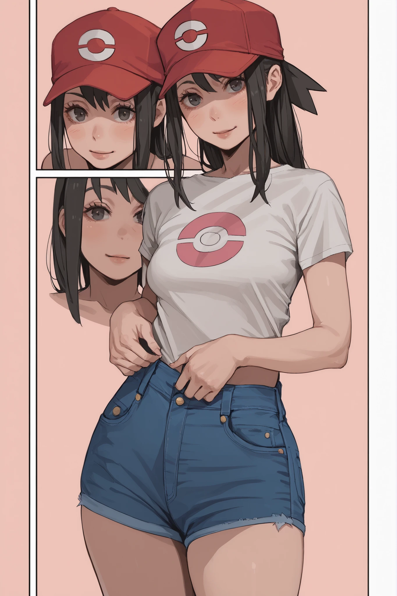 1 girl, black hair, pink gradient hair, bangs, black eyes, blush lines, pale skin, voluptuous, smile, small breasts, white shirt, red bandana, denim shorts, pokemon cap, Buneary pokemon, simple background, hentai comic, frames, multiple views, multiple frames