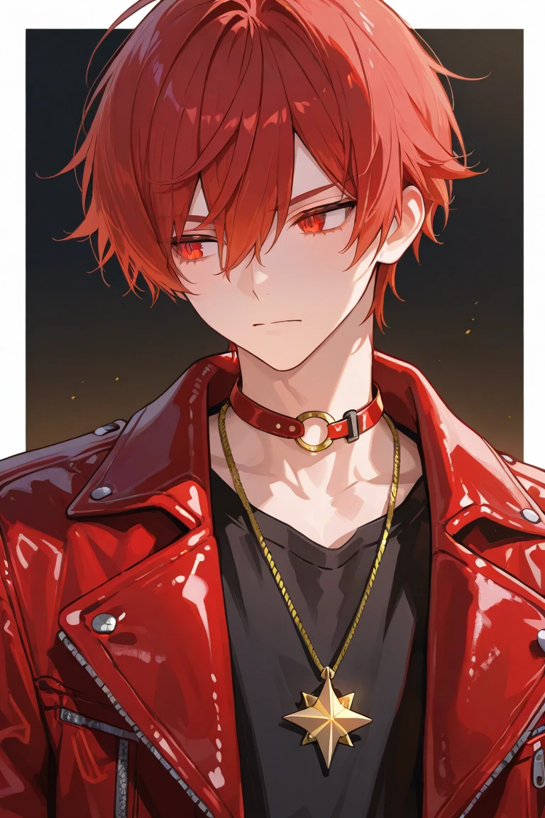 Boy, semi-short hair, two-tone red and black hair, tall, thin, red eyes, leather jacket, chains, earrings, A cool guy, Black and red, parted black and red hair, black and red leather jacket