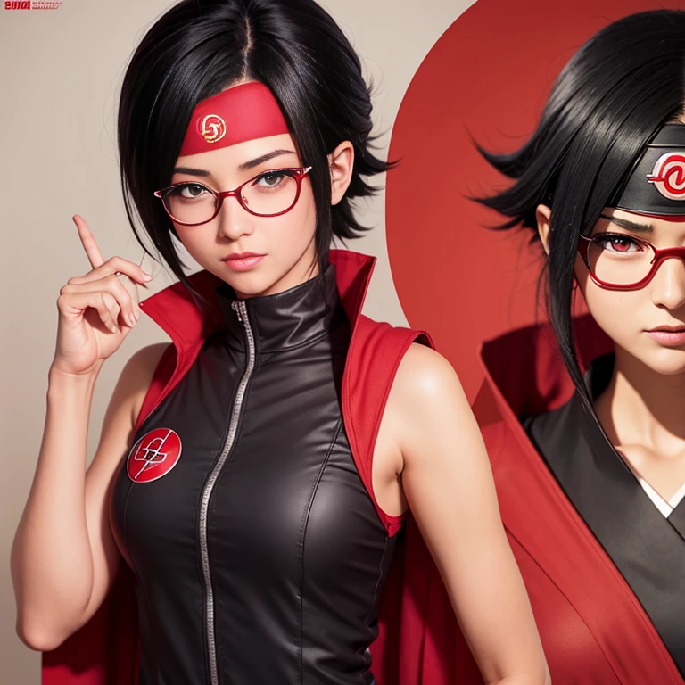 (high resolution,work of art:1.2),ultra detali,realisitic,proffesional,beautiful detailed eyes,beautiful detailed lips,dark hair,short black hair,red glasses,very big tits,stunning black eyes,clean skin, de 18 anos,trendy short hairstyle,vibrant red glasses,Academia Shinobi,fierce determination,confident stance,crimson outfit,intense gaze,Background full of ninjutsu techniques,shadows skillfully accentuating your features,subtle studio lighting,sublime realism,striking color tones