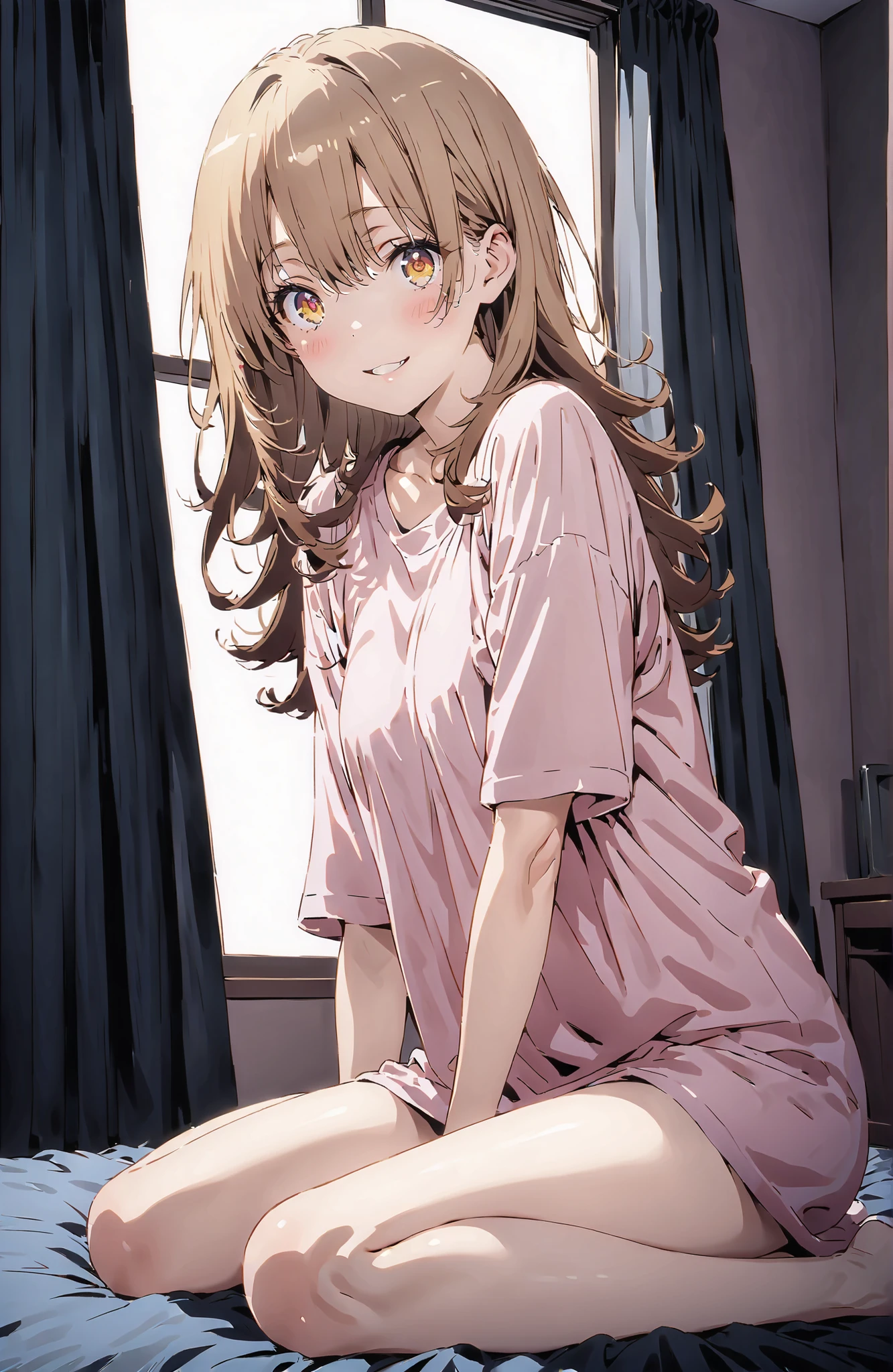 score_9, score_8_up, score_7_up, source_anime,Iroha Isshiki, long hair, brown hair, brown eyes,smile,blush,opens his mouth,oversized t-shirt, one shoulder,Medium breast,Bare legs,bare feet,morning,morning日,interior,curtains,window, bet, betの上に座っている,Waking up,hugging a pillow, Beautiful Streetscapes,full bodyがイラストに入るように,in their 40s looking at viewer,full body,
in their 40s indoors,bedroom,
in their 40s (masterpiece:1.2), best quality, high resolution, Unity 8Kの壁紙, ( illustration :0.8), (beautiful detailed eyes:1.6), very detailed face, perfect lighting, very detailed CG, (perfect hand in h, perfect anatomy),
