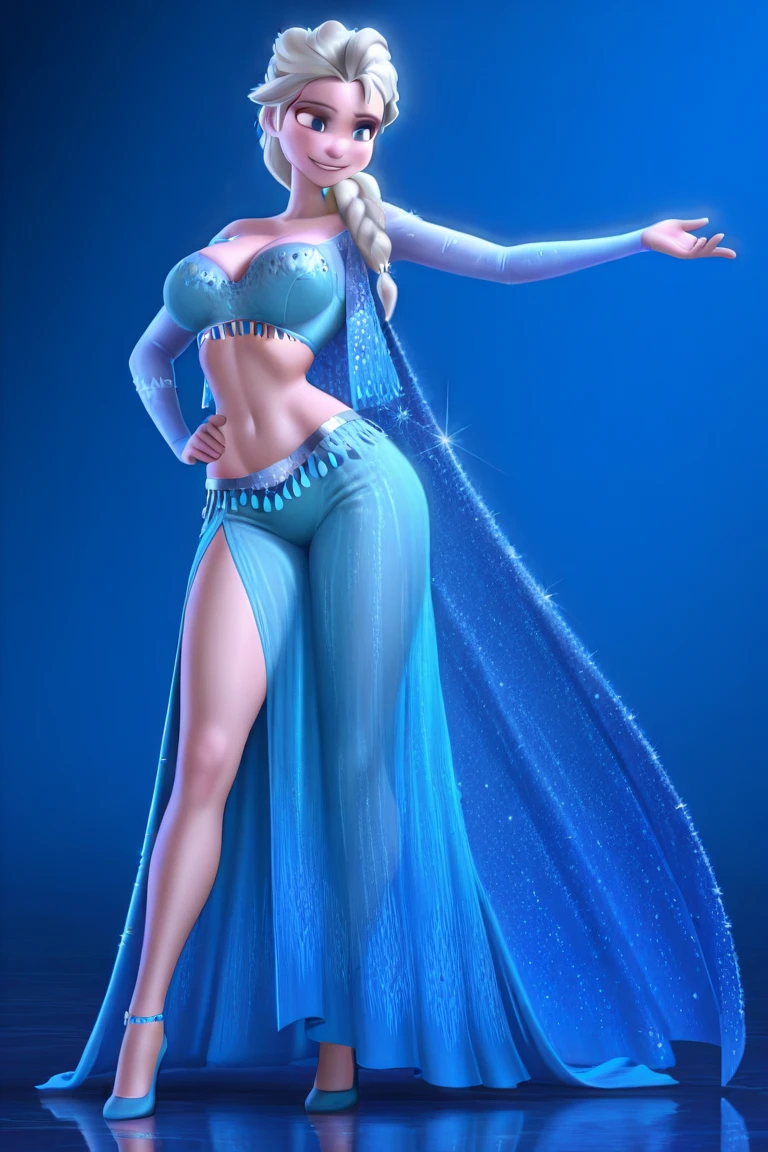 Beautiful portrait mode pose cartoon character in dynamic full body pose of Elsa from Disney (Frozen) with symmetrical body with a sexy short dress and beautiful breasts and butt, cuerpo bien definido, delicado e sensual, estilo de dibujos animados, digital illustration portrait mode