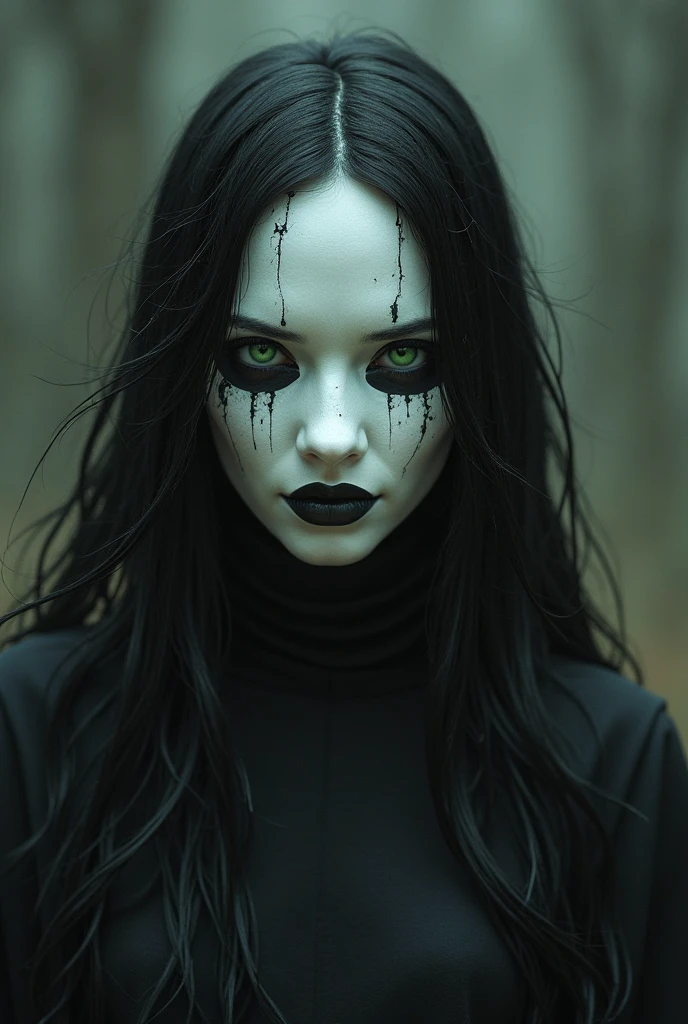 Low angle shot:1.7, photography angle from below:1.7, plano general, whole body, (Cute young attractive teenager, Strong gothic makeup) a town on the shores of the lake, a white birch forest and an apple orchard, a starry night, ((Matias_adolsson style!)), gloomy and foggy atmosphere, Surrealism, The absurdity of tenderness, Attraction and rejection of extraordinary appearance, naive magic art, primitivism, protogeno, , ((Best Quality, masterpiece)), ((more detail)), impression:1,1, 8k