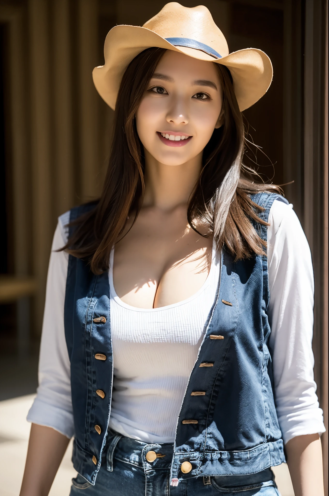 ((最high quality, 8K, masterpiece: 1.3)), (close:0.75), Realistic, Sharp focus, high quality, High resolution, Japanese middle-aged mature woman,Huge Busty Woman、３６Middle-aged woman、Chubby body type、Mature woman with huge breasts （Wearing a white open-necked shirt and business suit)、 ((Very strong sunlight)), smile,Brown hair Sonyoung,かわいいsmile、Office district under the scorching sun、Cowboy Shot、In an image that emphasizes the chest area