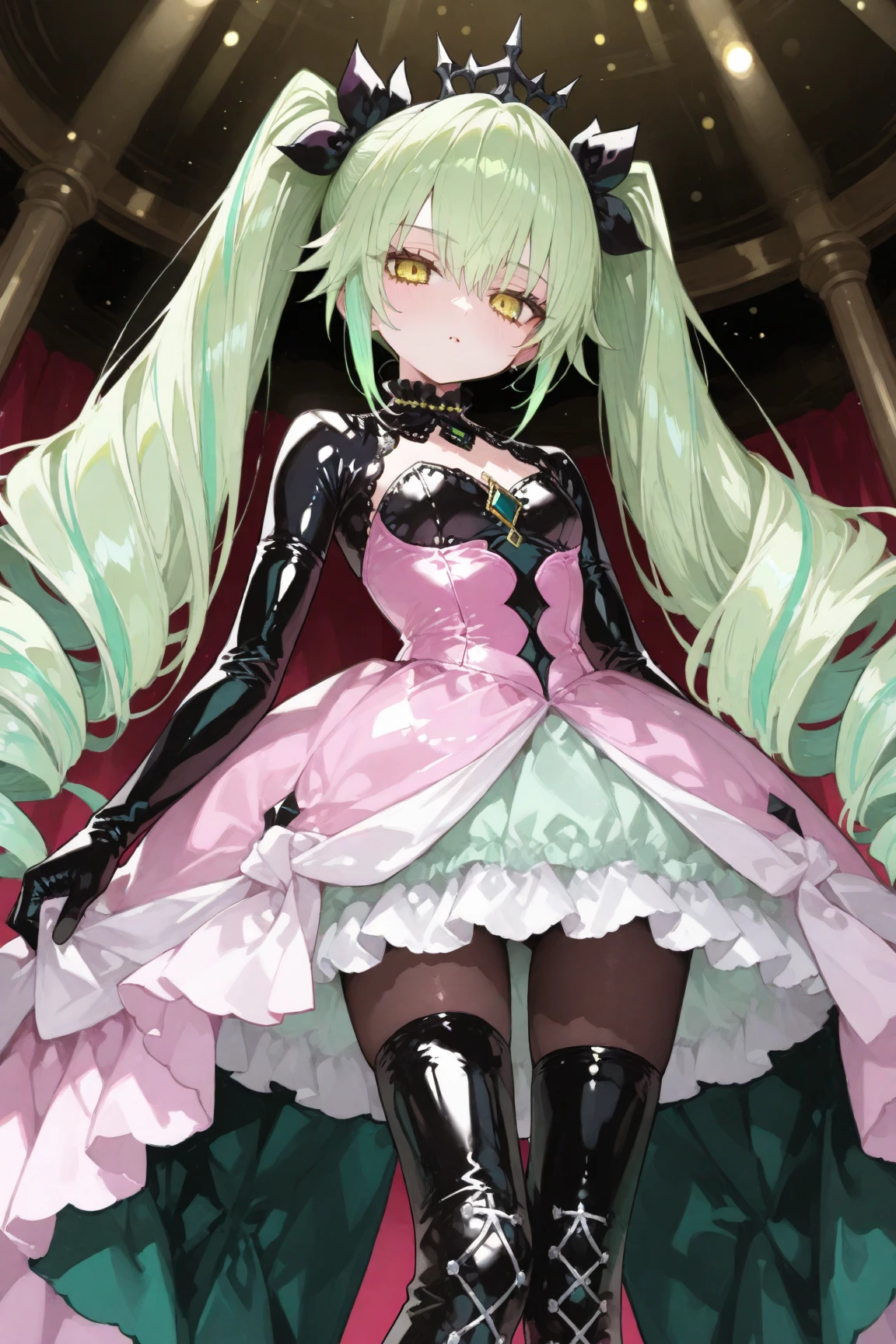 1girl, petite . flat chest , skindantation, lower eyelashes eyelashes, eyeliner,
Gothic Frilled dress, long skirt, Headdress, bowknot, hair ornament, hair flower, black fishnet_pantyhose, garter straps, Lace, cross-laced footwear, frilled blouse, ribbon-trimmed sleeves, puffy sleeves bloomers, intricate background,
gray eyes ,
vivid green hair,
very long hair ,
twin braids,
wavy hair ,
asymmetrical bangs,
hair flaps ,
whiskers,
nose blush ,
,
bare legs soles focus, looking away, Low Angle, Gothic Tower