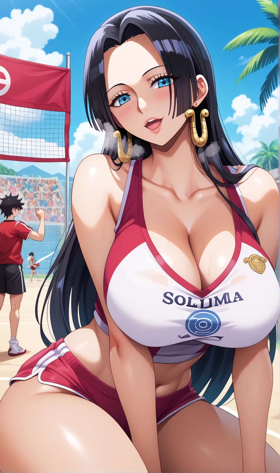 realisticlying,extremely detailed CG、high resolution、absurderes:1.8、detailed background:1.3、beautiful detailed hair、、、、1woman, attire: black bikini、jacker, Red jacket,、middlebreast、 (((brown-eyed、 sunny sea))), Purple hair, Medium Hair, cross necklace, slim waist、((Misato katsuragi))、NERV、Perfectly detailed face、(blush:1.3, sunny sea),