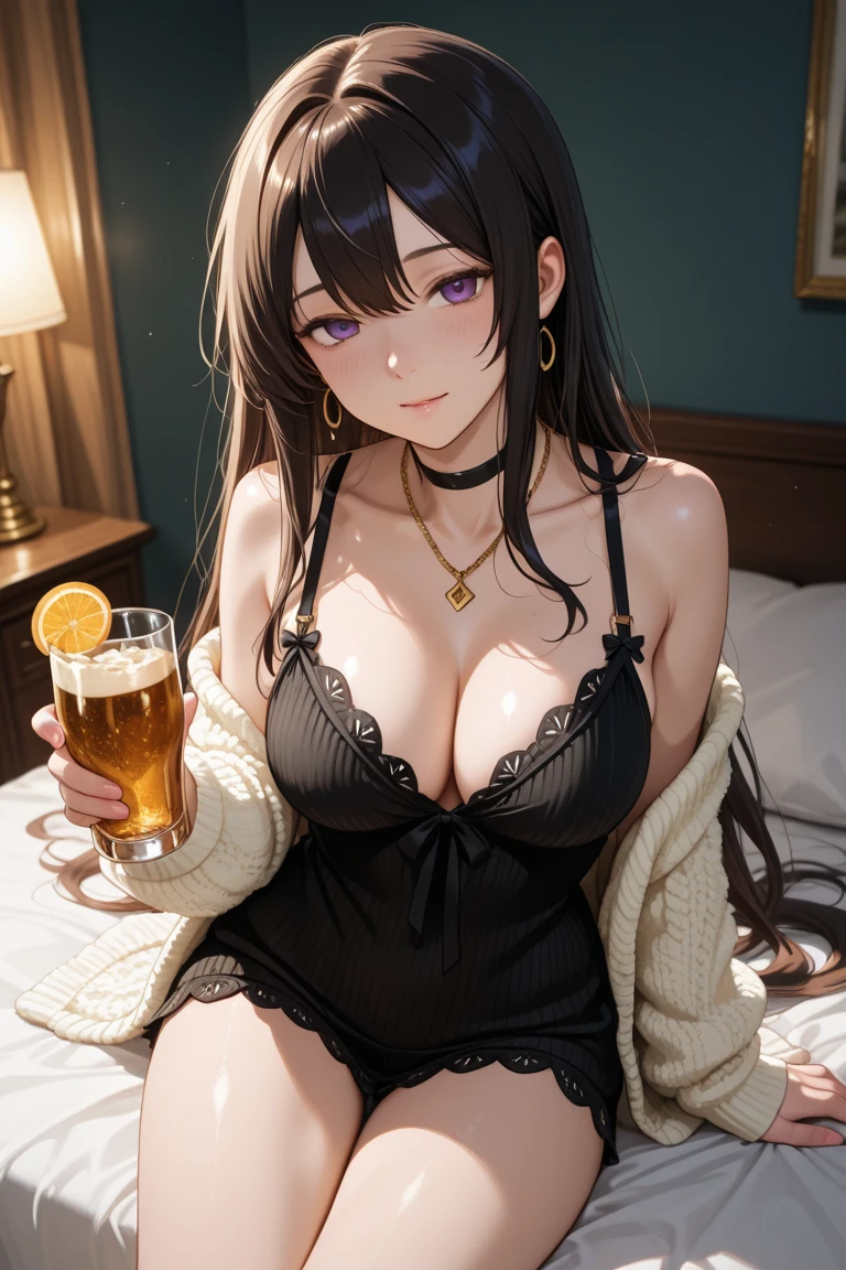 Highest quality,Highest Resolution,Beautiful smiling girl in light purple underwear in bedroom at night,Black hair ponytail,Very beautiful eyes,(((Drink a drink))),Knee-high stockings,Sweat profusely,Super High Leg,Sexy Lingerie,Tback,Outside the window is a night view,