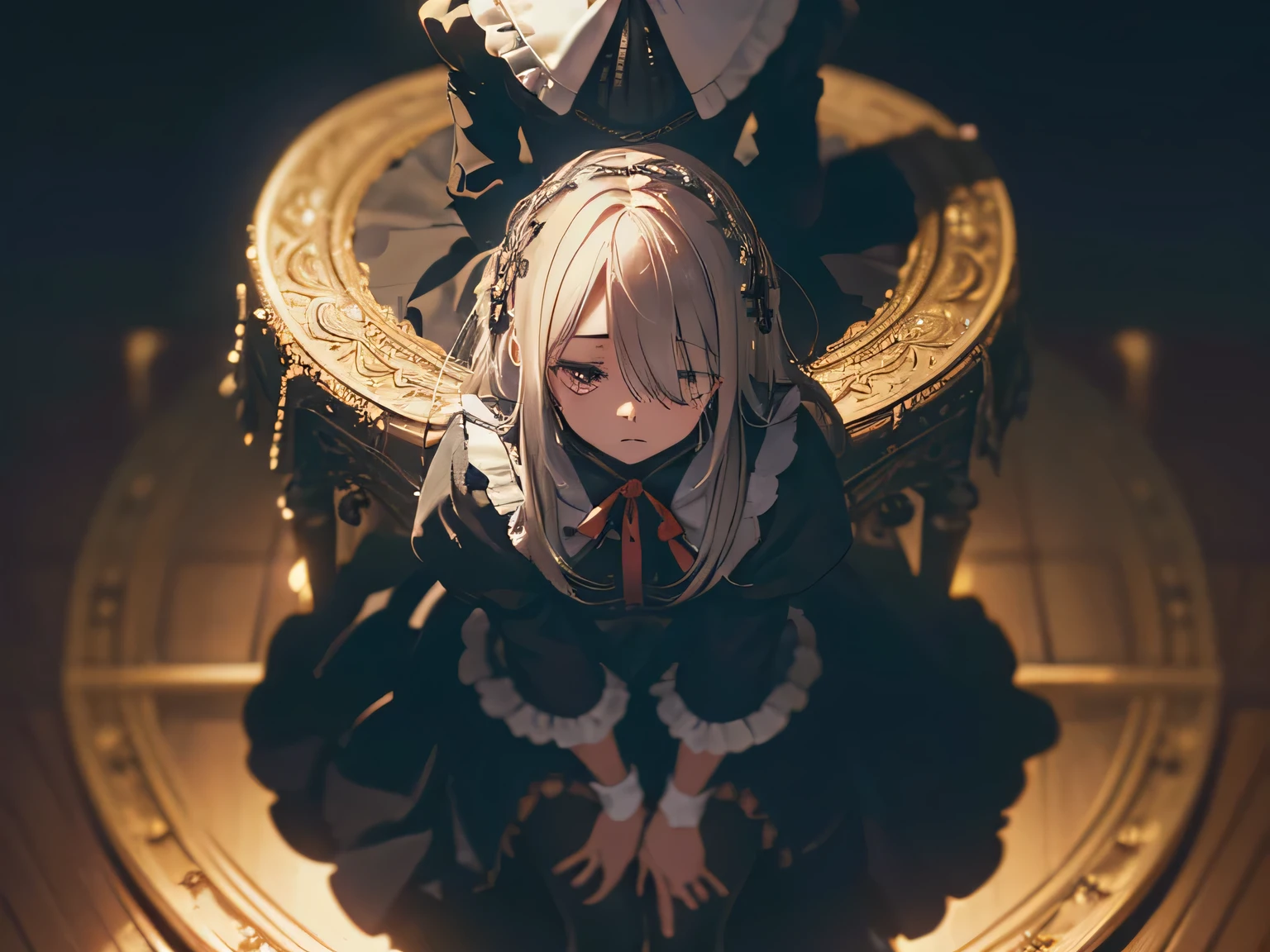 (from above:1.2),((close up head)),
1人の女の子, セクシー, 1Girl doll(closed, eyes:1.5),
black dress, gloves, thighhighs, puffy sleeves, long sleeves,
(looking away:1.4), looking down, , (leaning forward:1.5), Sitting, (legs stretched out), (open legs, spread legs), (lot of threads spread out on the floor),
(slender fingers controlling puppet strings:1.2) (detailed puppet in the shape of a girl:1.1),
(dressed in elaborate baroque-era clothing:1.2) , (scene set in a darkened theater or studio:1.2) , (dark, rich background with subtle textures:1.2),
(dramatic baroque lighting, chiaroscuro style:1.3), (strong contrast of light and shadow highlighting :1.3),
(symmetrical, theatrical composition evoking control and destiny:1.3), (lens for soft bokeh:1.3),
(shallow depth of field focused on the :1.3), (high resolution for fine detail:1.3), (RAW capture format for post-processing:1.3)."