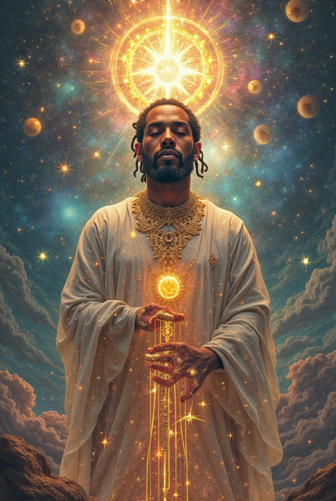 black man with his back, short hair (shaved), with a crown on his head, with a golden cloak with the 7 chakras, luxurious setting, and with art and beautiful elements. He looks and contemplates the cosmic golden celestial realms, with elements of astrology, Renaissance painting, oil painting inspired by Leonardo da Vinci.