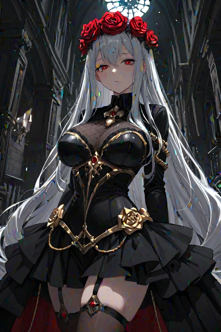 Fantasy, night, 4k, high detailed, Cinematic scene and lighting, shot from the ground in an up angle, a voluptuous succubus with horns and curvy body, heavy iron chains wrapped around her body and her wrists, iron chains are tightly wrapped around her body, evil smirk, blue eyes, white hair, pale skin, chains silver ,magic light shines from behind her, illuminating her silhouette