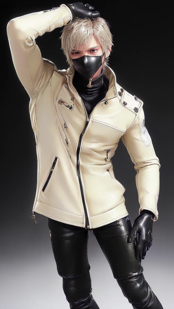 Final fantasy taste and reality graphics, Japanese young cute and cool ikemen  boy, his age is early 20s, thin eyebrows and beady eyes,  ((he wearing off white color leather  thick material jacket)), ((jacket is singlebrest)), biker style jacket, with epaulet, jacket is long sleeve, ((must close the front of the leather jacket)), , ((voluminous leather jacket)), ,((must jacket is high length and stand-up collar)) ((jacket collar with two belts)), ((jacket is a little black color line pattern)),((close the front of the jacket)), ((also wearing black thick material turtleneck lackluster shirts)),  ((tight black leather pants)),  ((black leather tight and thin glove)), ((black leather knee-high raceup boots)),((must views  head-to-toe)),((must views whole body)), ,((Do not show skin from the neck down)),leather jacket leather glove and leather pants have few wrinkles, Avoid showing your innerwear,zip up jacket fastner.must put on a leather glove.
Bous face is expression of ecstasy.
Boy is black hair.boy looks like fashion model.
((beige color packing tape)) ((gagged wrapped around his mouth)) ((put packing tape on his mouth ))