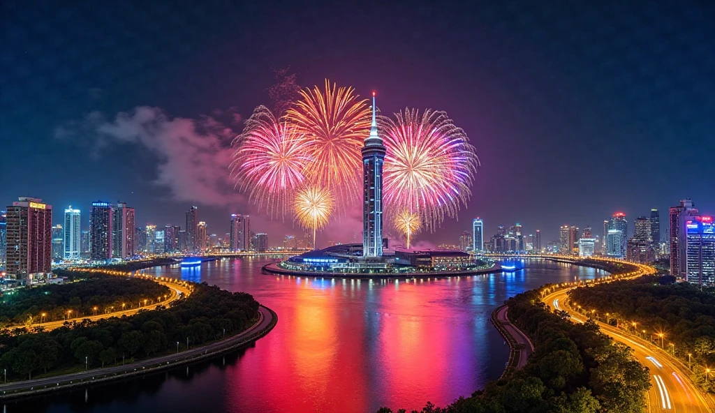 2024 New Year’s Eve celebration scene design, (Red and gold poster design), (Happy New Year with the electronic projection screen of the giant building on the Bund in Shanghai), Everyone is watching the countdown on the big screen, Fireworks are blooming everywhere, Many ribbons and colorful pieces fall in the air, people'wish,,Valerio Orgiatti,author：Shigeru Ban,Public places,ray traycing,globalillumination,colored lighting,modern, The content is very detailed, Best quality, tmasterpiece, A high resolution, Photographic realism, hyper realisitc, actual, 8K, Glass floor,Mosaic floor,
