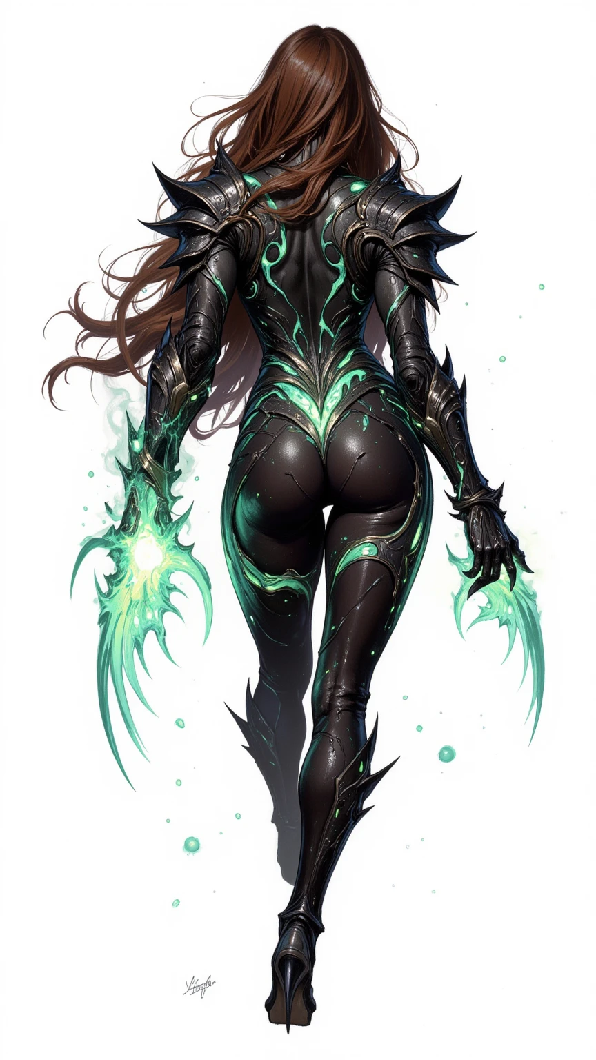 Female character, front and back view, reptile style monster, valorant style, reptile mask that fully covers face, robotic spine and sci-fi elements on the body, pigtail