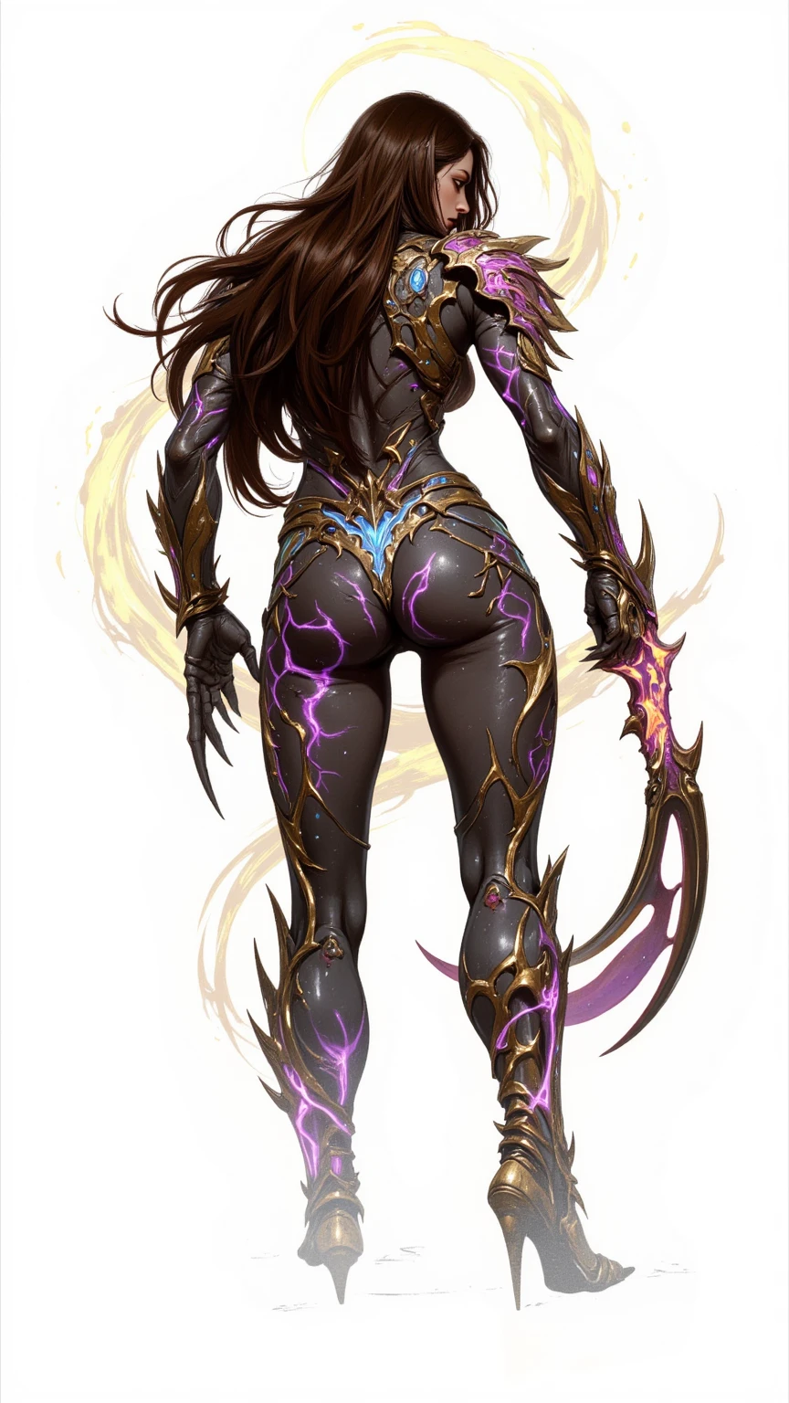 (masterpiece), (best quality), (high detail), (realistic,) woman of dark race, dark background, full body, with black legs and arms, dark elves.