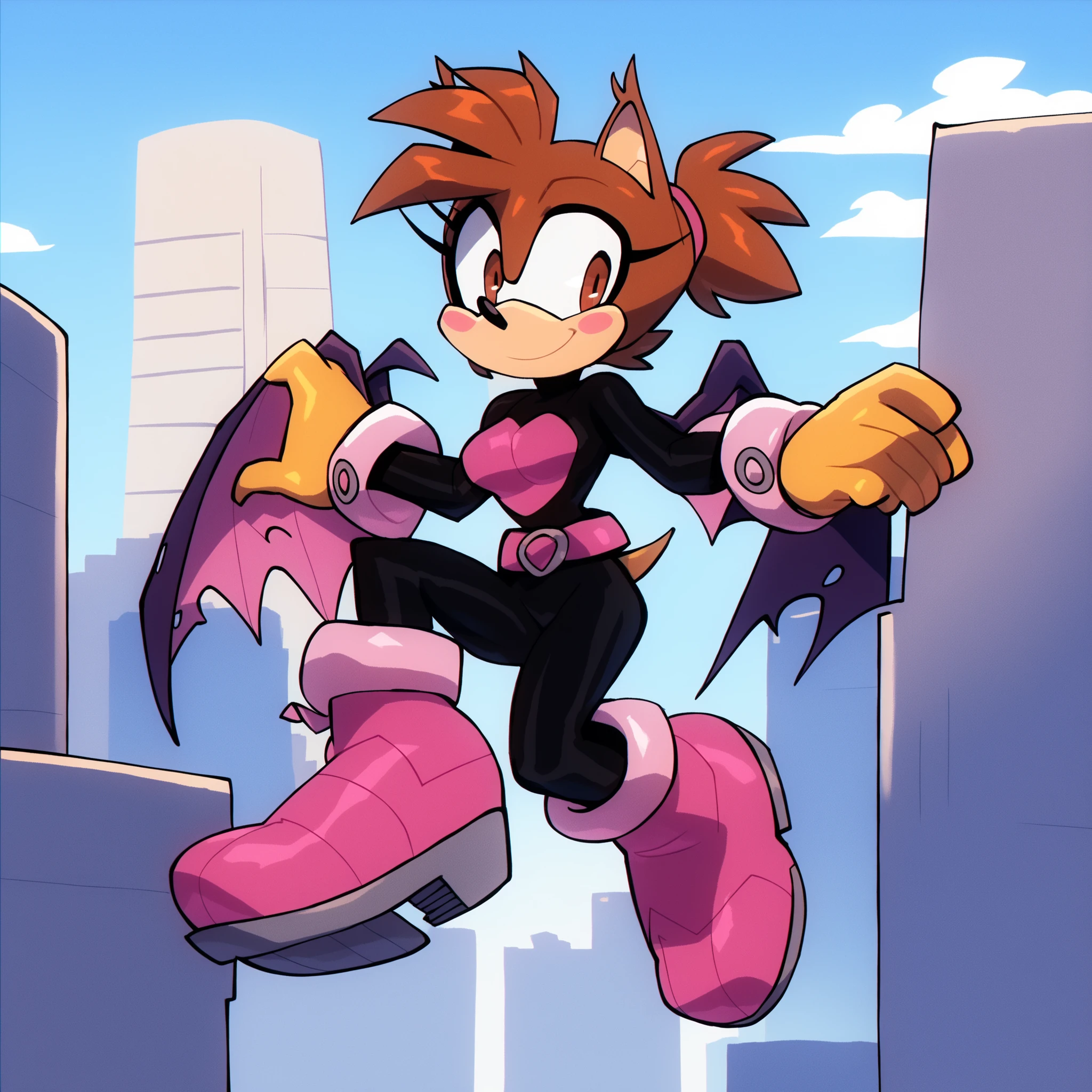 Ochako as a Bat, Mobian Bat, 1girl, brown hair, brown eyes, short hair, blush stickers short ponytail, superhero, hero bodysuit, pink belt, pink wrist guards, pink boots, Bat, bat wings, bigdad/character, (Mobian), brown fur, female, smile, slim, young adult, medium breasts, solo, floating, city, sky’s, outdoors, Sonic OC