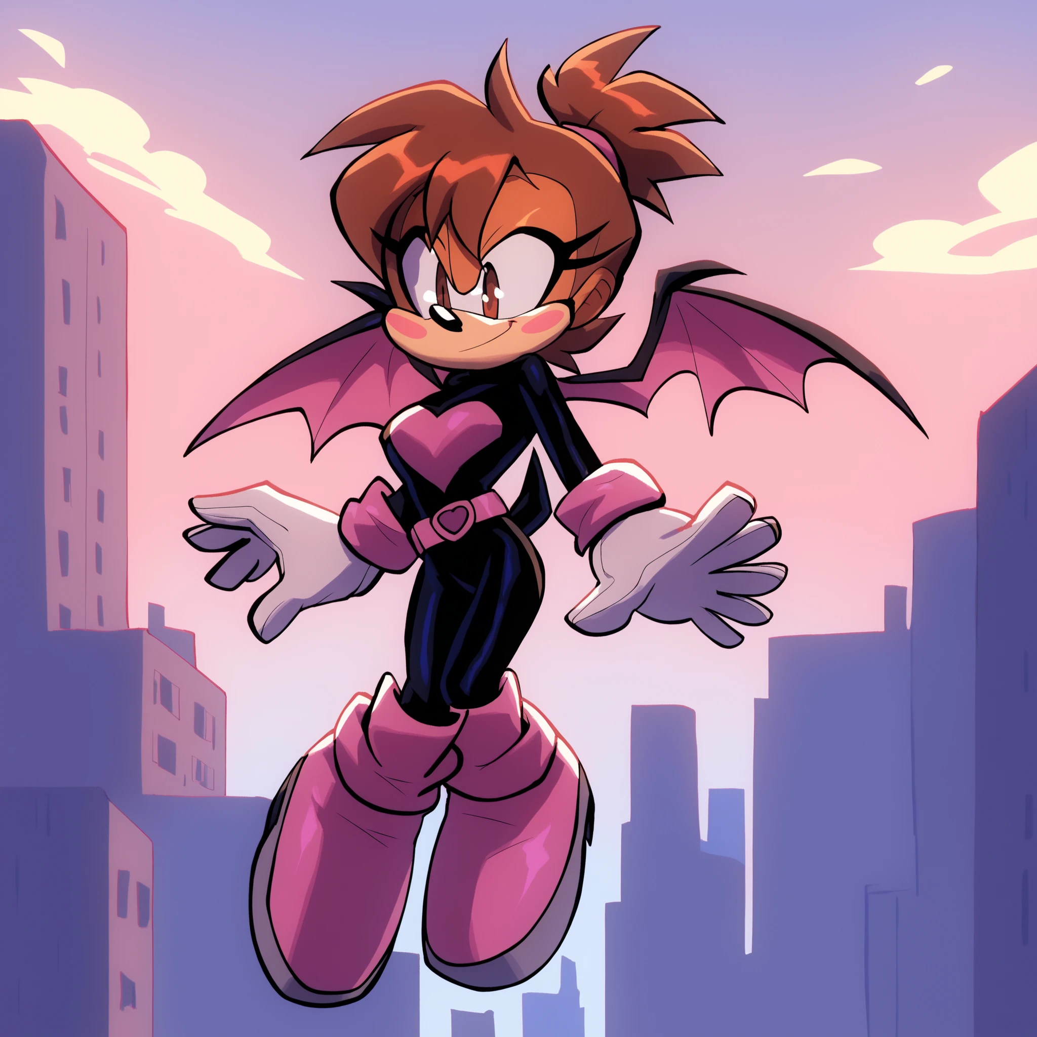 Ochako as a Bat, Mobian Bat, 1girl, brown hair, brown eyes, short hair, blush stickers short ponytail, superhero, hero bodysuit, pink belt, pink wrist guards, pink boots, Bat, bat wings, bigdad/character, (Mobian), brown fur, female, smile, slim, young adult, medium breasts, solo, floating, city, sky’s, outdoors, Sonic OC
