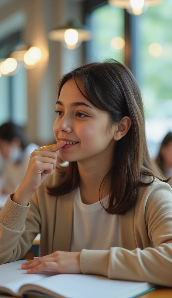 Girl eating during class in the classroom, Japanese food on the table, eating with chopsticks, eyes closed and looking up, mouth open and tongue out, excited, gal makeup, 18 years old - old,